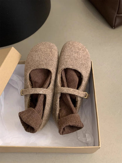 Fashion Square Toe Fleece Flet Ballet Flats Woman Winter Warm Wool Mary Jane Shoes Ladies Brand Design Elegant Plush Loafers