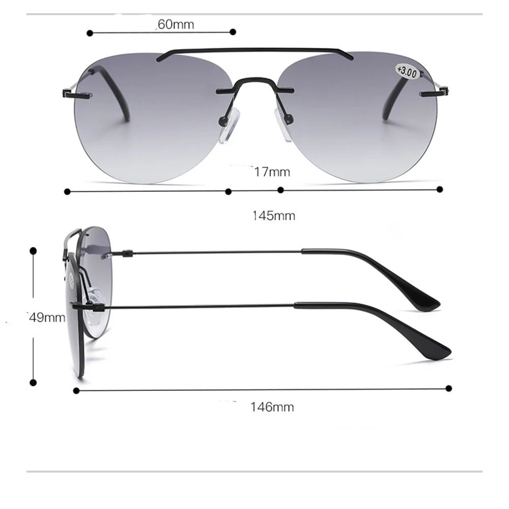 Clara Vida Rimless Pilot Aviation Style Bifocal Reading Glasses Sunglasses Multi-Functional +1 to +4