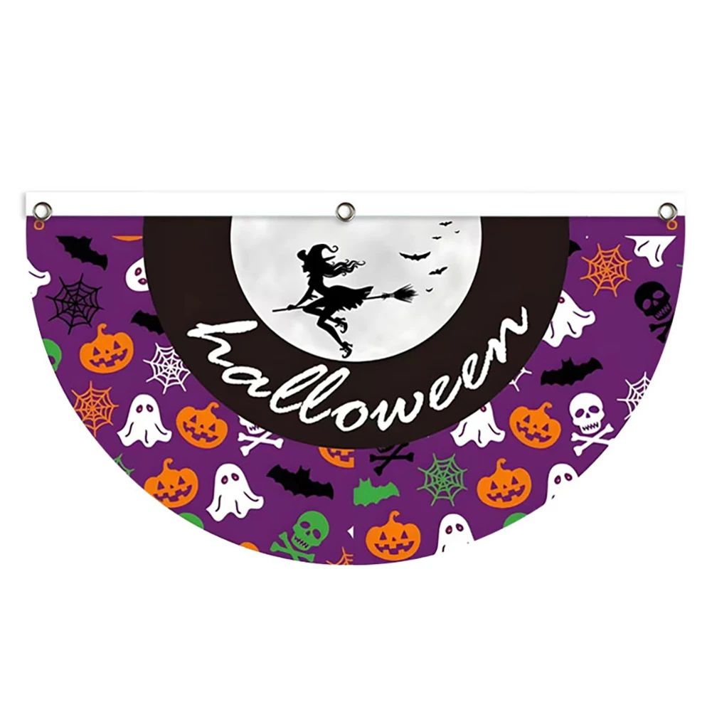 Halloween Fan Flag Spooky Halloween Bunting Flag Set for Outdoor Yard Decor Skull Ghost Pumpkin Banner for Porch Fence Kitchen
