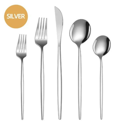 Conjunto de talheres de aço inoxidável banhado a ouro e titânio preto, com 5 peças, cabo com talheres de boca e conjunto de talheres de mesa