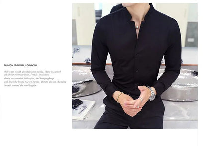 Black Men Long Sleeve Shirt, White Single Breasted Collar Stretch Shirts, Red Fashion Slim Top,Asian Size M-5XL(Korean Slim Fit)