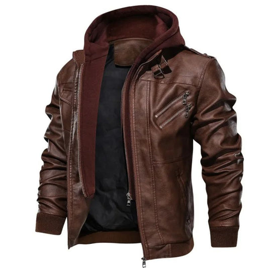 Men Faux Leather Cardigan Leathers Jackets Zipper Coat Long Sleeve Solid Autumn Moto Bike Casual Autumn 2025 Hooded Spliced