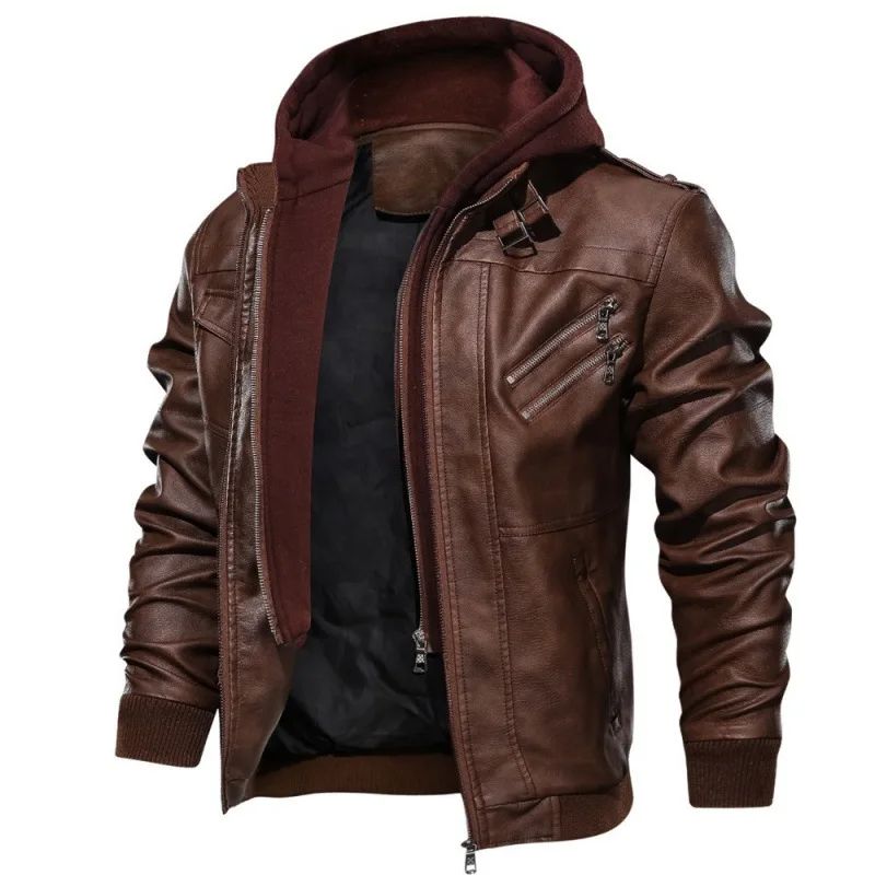 Men Faux Leather Cardigan Leathers Jackets Zipper Coat Long Sleeve Solid Autumn Moto Bike Casual Autumn 2025 Hooded Spliced