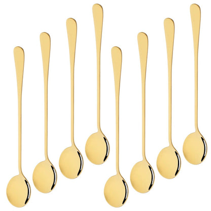 Conjunto de 8 Colheres de Sobremesa Brilhantes Aço Inoxidável Colher de Cabo Longo Adequada para Mexer Chá com Leite Suco Milk-shakes Sorvete Café