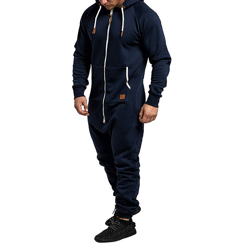 Men's Hooded Fleece Lining Jumpsuit Autumn Winter Warm Long Sleeve Full Zipper Overalls with Kangaroo Pockets Night Clothes