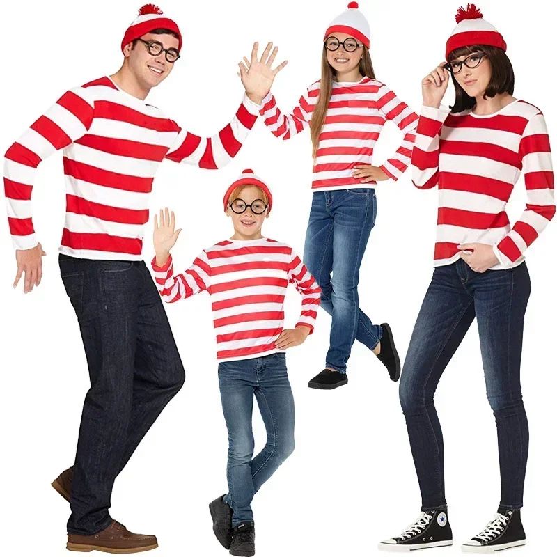 Wheres Waldo Striped Shirt Youth Wally Costume Shirt Glasses and Hat Socks Unisex Adults Carnival Cosplay Costume