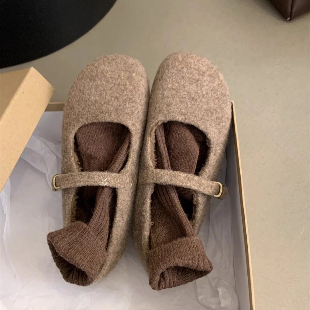 Fashion Square Toe Fleece Flet Ballet Flats Woman Winter Warm Wool Mary Jane Shoes Ladies Brand Design Elegant Plush Loafers