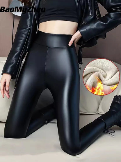 2024 Autumn Winter Velvet Thick Warm Leather Pants Women Elastic PU High Waist Leggings Black Casual Slimming Fleece Trousers