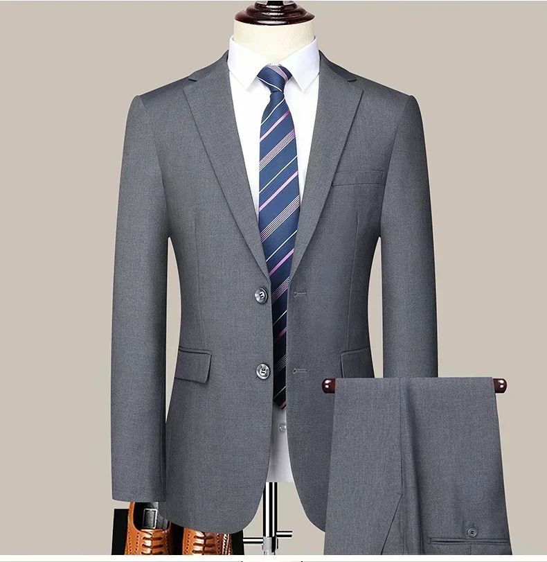 S-8XL New  (Blazer+ Pants) Men's Fashion Business Gentleman Trend Slim-fit Casual Wedding Travel Plus-size Solid Color Suit
