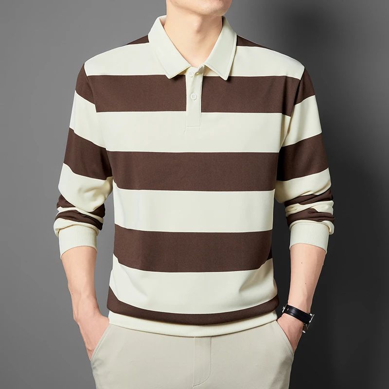 2025 Men's New Striped Long Sleeved Polo Shirt Casual Fashion Autumn Winter Versatile Top