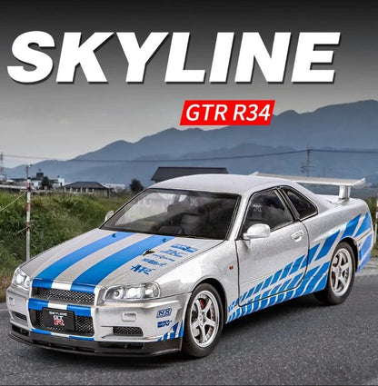 1/24 Nissan Skyline GTR-R34 Velozes e Furiosos Modelo de Carro em Liga Leve com Luz e Som Miniatura Colecionável Veículo de Brinquedo para Meninos