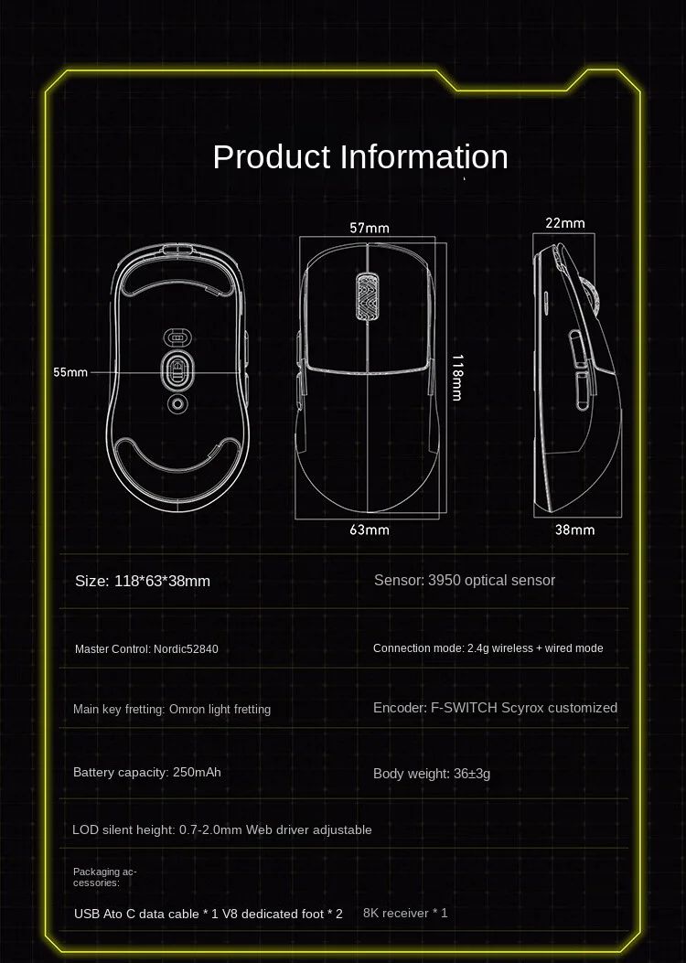[EM ESTOQUE] SCYROX V8 8K Mouse Gamer Ergonômico com Fio e Sem Fio Ultraleve 36g PAW3950 E-Sports PC Gamer Acessório