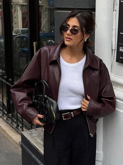 Full Sleeve Cropped Women Casual Slim Thin Motorcycle Coat Chic Zipper Lapel Wine Red Leather Jacket Lady New Highstreet Outwear