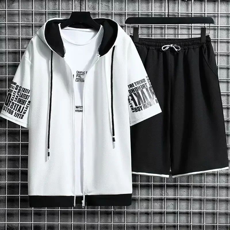 Summer Thin Men's Sports Suit 2-piece Set Casual Hooded Quick Dry Running Exercise Clothes Short Sleeve Shorts