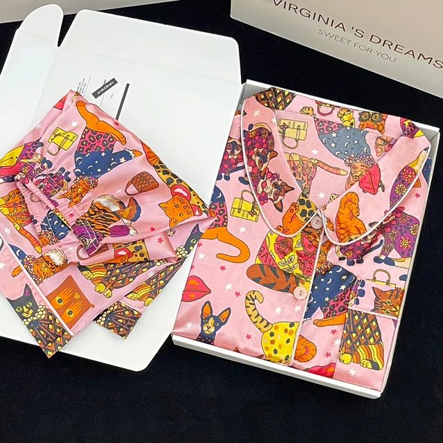 Pyjama Summer New Ladies Sweet Satin Silk Floral Printed Pajamas Set Short Sleeve+Pants Women Ice Silk Cute Homewear Casual Wear