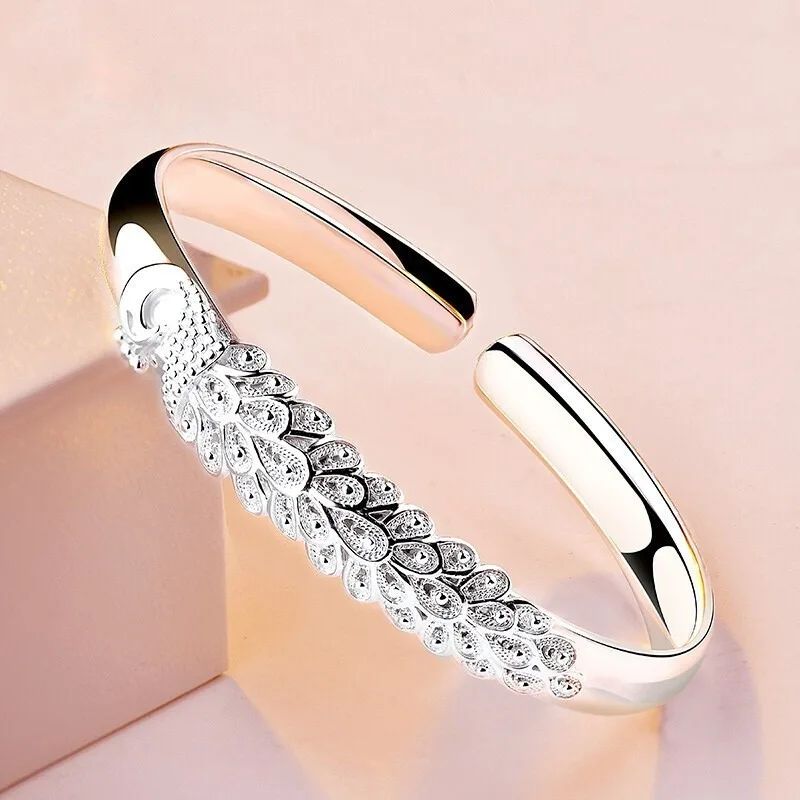 Pulseira Feminina Pavão Vazado de Prata Esterlina 925 Textura de Luxo Aberta Presente de Joias Originais para Festa
