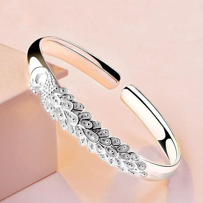 Pulseira Feminina Pavão Vazado de Prata Esterlina 925 Textura de Luxo Aberta Presente de Joias Originais para Festa