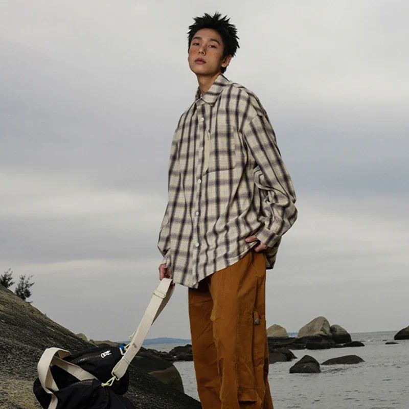 Autumn Y2K Vintage Plaid Shirts For Men Long Sleeve Button Up Blouse Korean Fashion Zip Pocket Cargo Shirt Streetwear Clothes