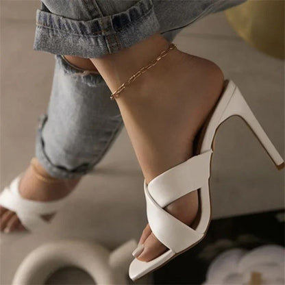 2024 summer new style square head cross strap stiletto heels women's solid color sandals and slippers 43