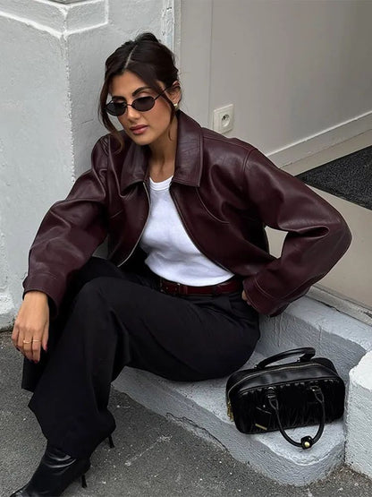Full Sleeve Cropped Women Casual Slim Thin Motorcycle Coat Chic Zipper Lapel Wine Red Leather Jacket Lady New Highstreet Outwear