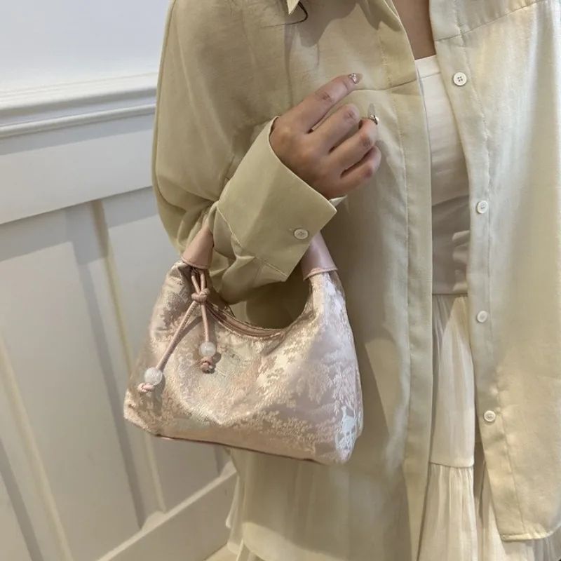 Sweet Embroidery Shoulder Bag Nylon Texture Pearl Pendant Crossbody Bag Small Bucket Handbag Women Canvas Luxury Cheongsam Bag