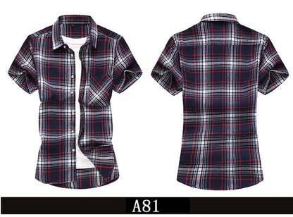 2025 new red summer men's shirts short-sleeved plaid fat big yards youth casual shirt.