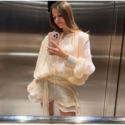 Elegant Ruffles Shiny Mini Dresses Fashion Solid Long Sleeve Lace Up V Neck Plea