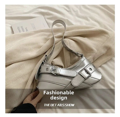 Red Vintage Shoulder Bag Y2K Belt Design PU Leather Underarm Bags for Women Trend Hot Cool Girl Crossbody Bag Punk Style Handbag