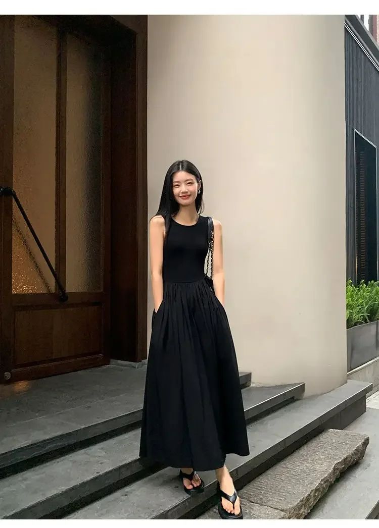 New Vintage Black Tank Top Midi Dress Wedding Dresses for Women Clothing O Neck