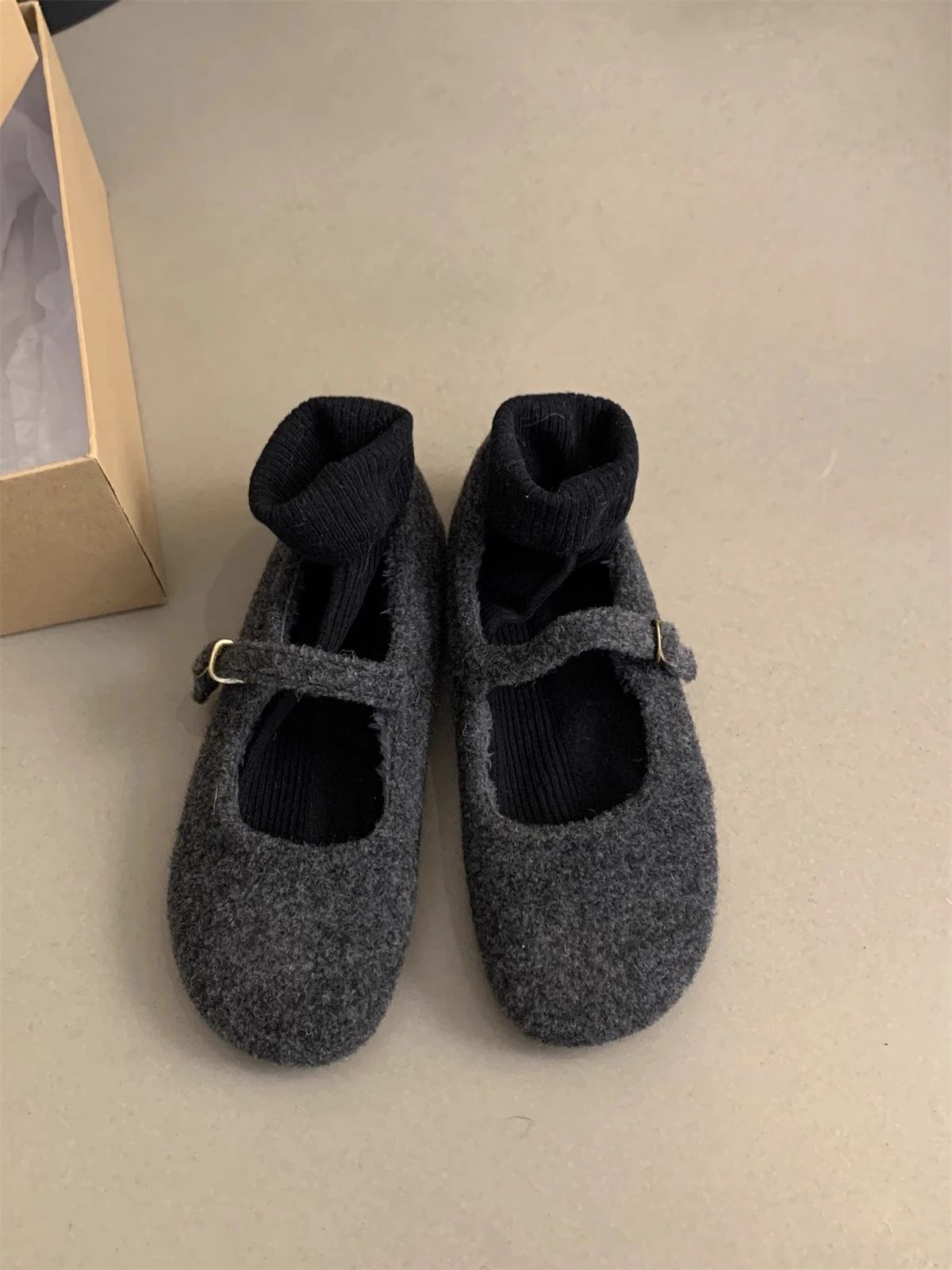 Fashion Square Toe Fleece Flet Ballet Flats Woman Winter Warm Wool Mary Jane Shoes Ladies Brand Design Elegant Plush Loafers