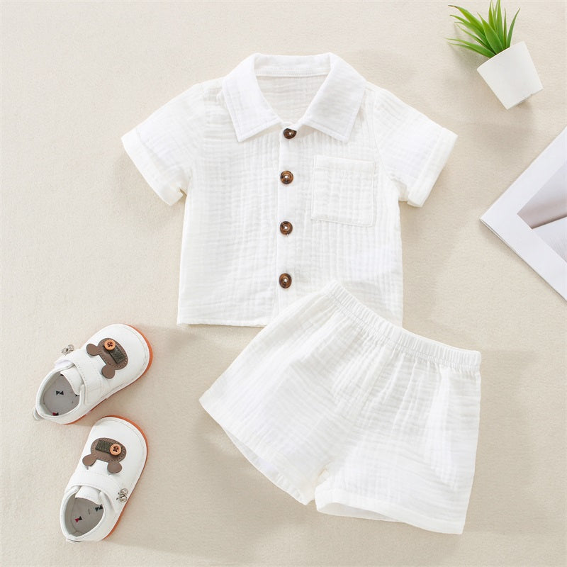 Cotton Linen Casual Toddler Baby Boys Summer Outfits Solid Short Sleeve Pocket Button Down Lapel Shirt + Shorts 2PCS Clothes Set
