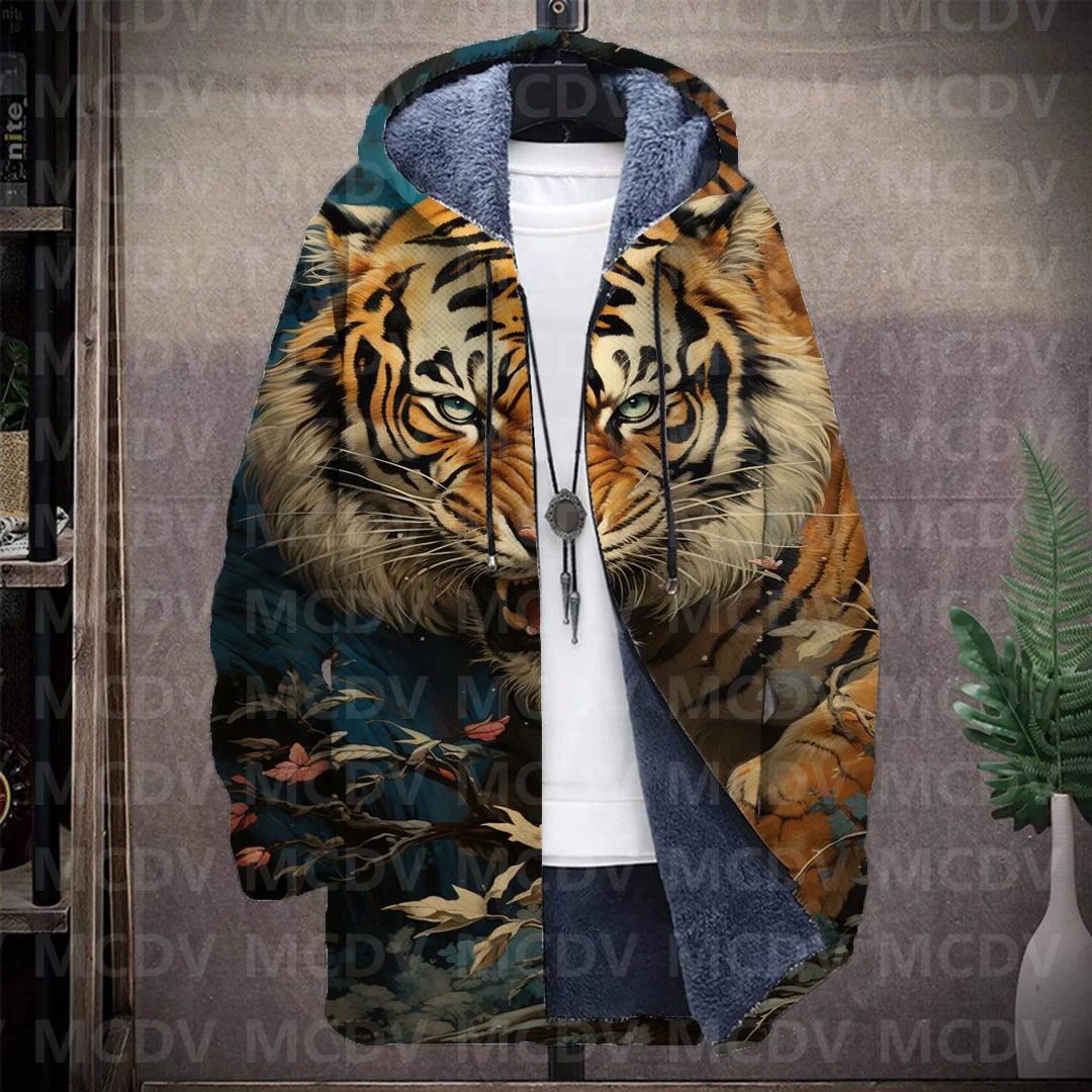 Men's Retro Print Plush Thick Long-Sleeved Coat Cardigan Tiger 3D Prined Fleece Hooded Overcoat Unisex Thick Warm Jacket