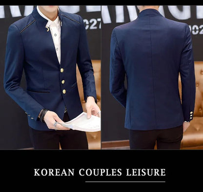 2024 Spring New Men's Stand Collar Casual Suit Jackets Youth Fashion Solid Color Stitching Three Button Mens Blazer Coats