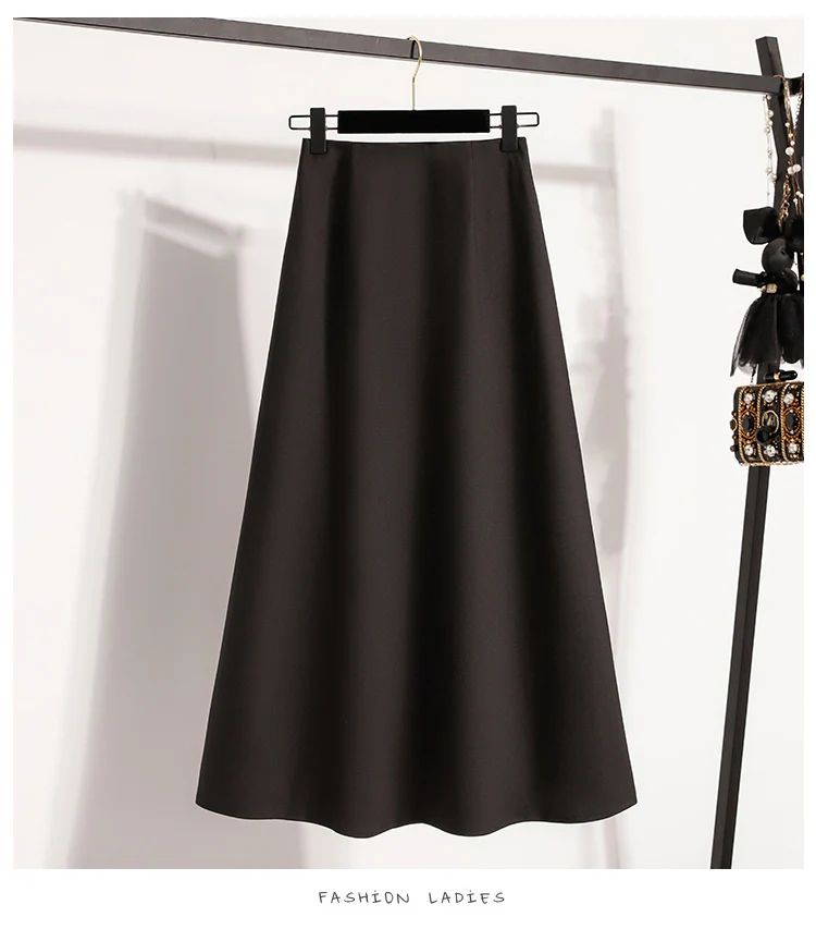 A-Line Mini Skirt High Waist Mid Length Skirts Women's Slimming Black Autumn Elastic Waist Design Solid Color Versatile Skirt