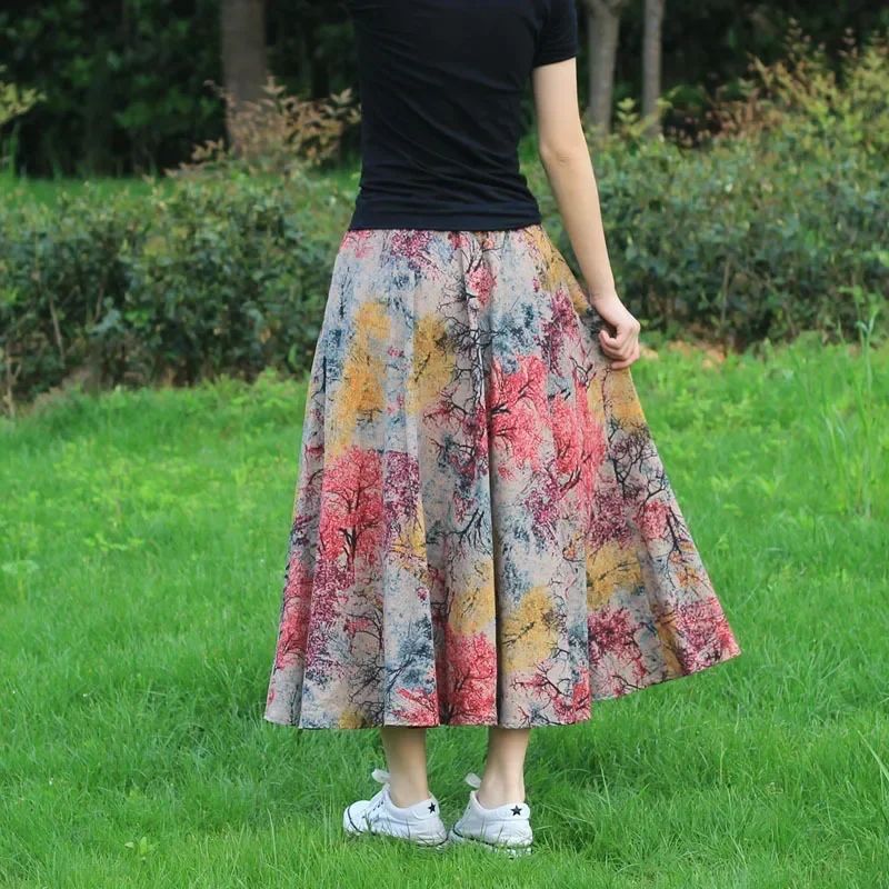 Cotton Linen Skirts for Women Fashion Casual Bohemian Y2k Print Long Skirt Summer Vintage Maxi Bottom Saias Woman Clothes Faldas