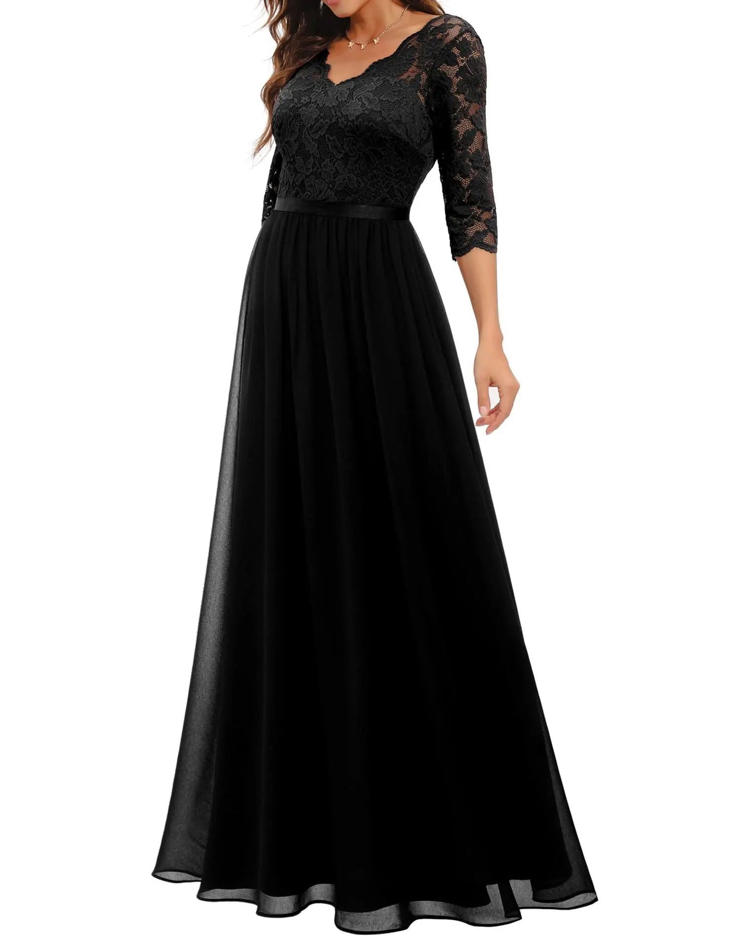 New 6-Color 5-Size Lace Splicing Long Waist-Cinching Elegant Dress Floor-Length V-Neck Polyester Fiber Evening Gown Dress