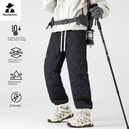 Calça de Neve Masculina, Marca de Moda, Grossa, À Prova de Vento, Quente, Veludo de Cordeiro, Calça Feminina Casual, À Prova de Frio, Acolchoada com Algodão e Penugem
