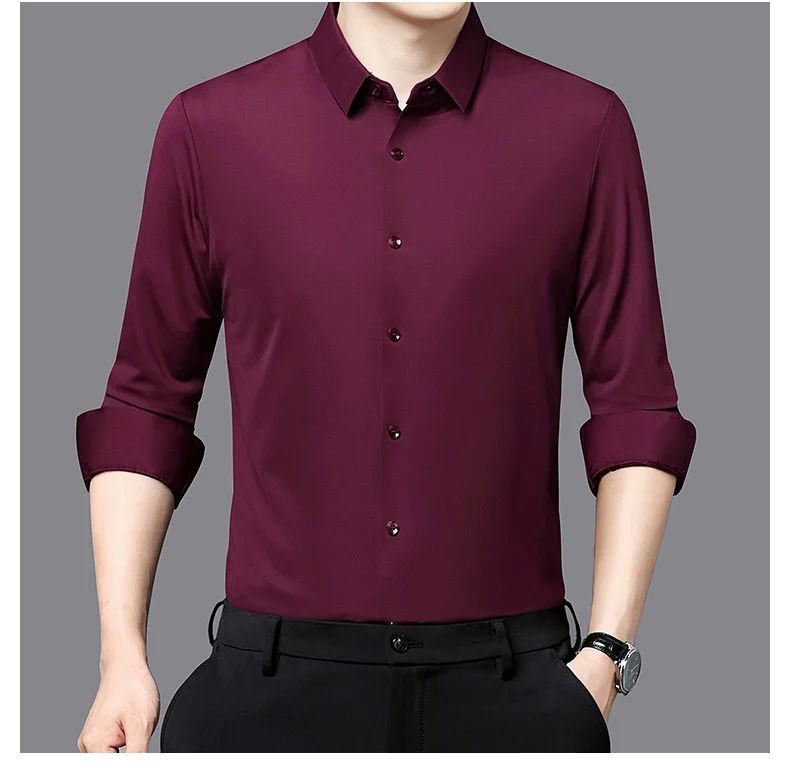Seamless Anti-wrinkle Business Silky High Elastic Spandex Men's Long-sleeved Shirt Formal Social Non-iron Solid Color Casual