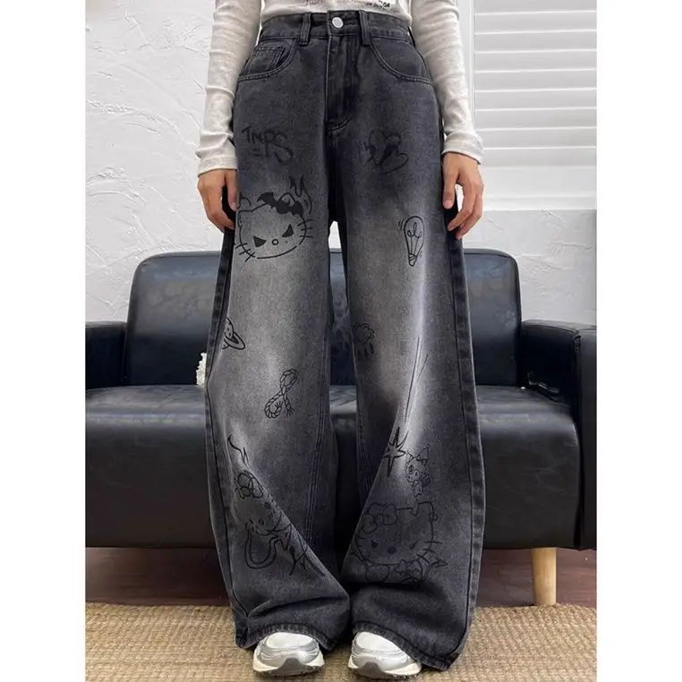 New Hello Kitty Wide Leg Pants Women's Spring Girl China-Chic Embroidery Loose Skinny Straight Leg Denim Pants Straight Trousers
