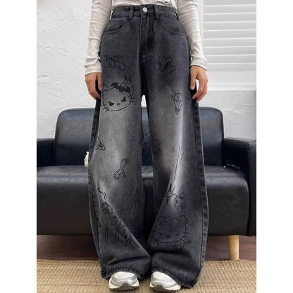 New Hello Kitty Wide Leg Pants Women's Spring Girl China-Chic Embroidery Loose Skinny Straight Leg Denim Pants Straight Trousers