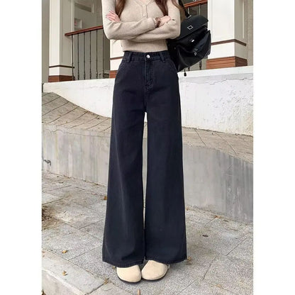 High Waist Wide Leg Black Denim Jeans Women's Autumn Winter New Style Loose Fit Floor Length Bell Bottoms Trendy