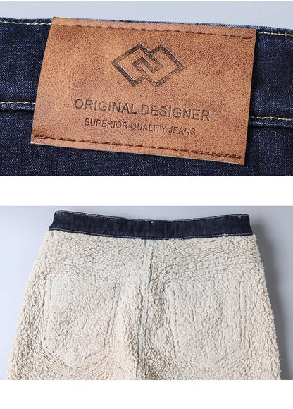 Calça Jeans Masculina de Lã Aveludada, Inverno, Forrada com Lã Grossa, Casual de Negócios, Reta, Jeans, Macia, Confortável, Térmica, Elástica, Calças Masculinas