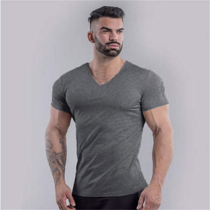 Plain Cotton Gym T-shirt Men Summer Fitness Clothing V-Neck Short Sleeve T shirt Slim Fit Tshirt Bodybuilding Workout Tees Tops