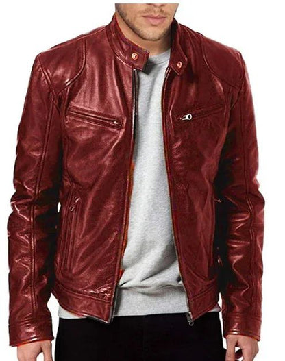 2024 Fashion Mens Leather Jacket Slim Fit Stand Collar PU Jacket Male Anti-wind Motorcycle Lapel Diagonal Zipper Jackets Spring