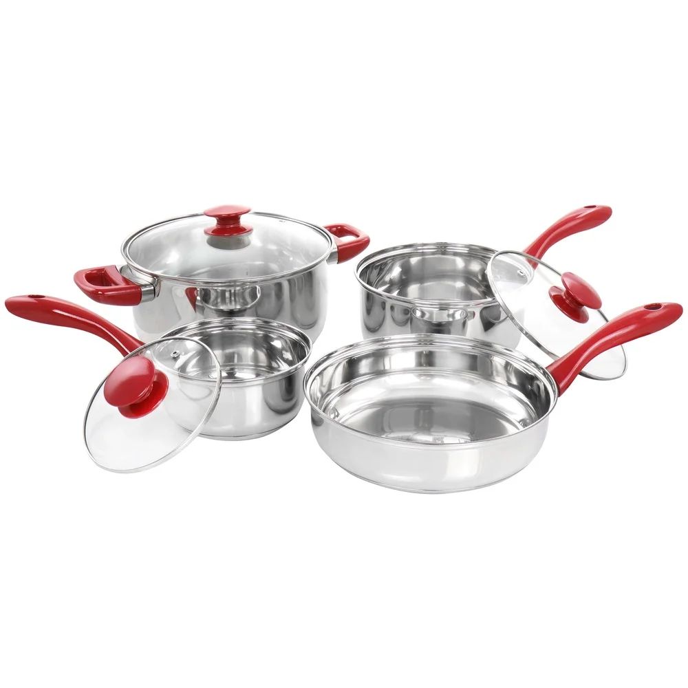 7 Piece Stainless Steel Cookware Set Durable Dishwasher Safe Kitchen Pots Pans Chrome Red Handles Essential Cookware