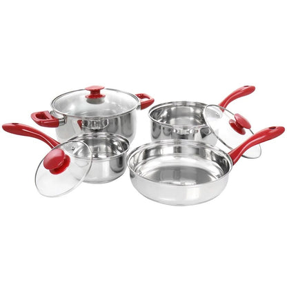 7 Piece Stainless Steel Cookware Set Durable Dishwasher Safe Kitchen Pots Pans Chrome Red Handles Essential Cookware