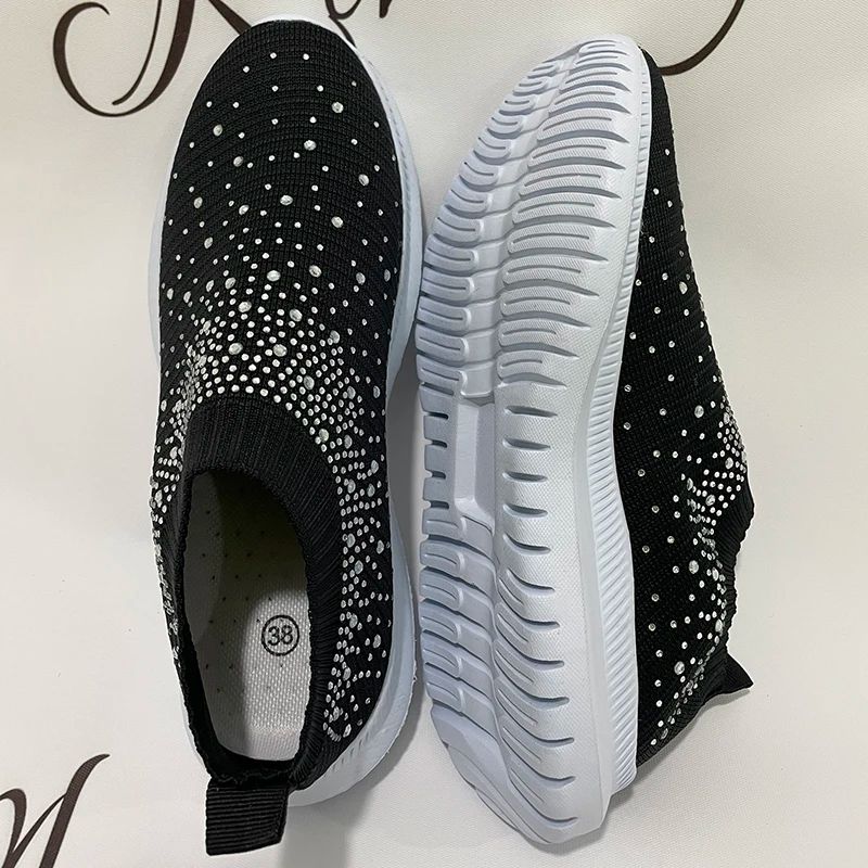 2024 New Crystal Breathable Mesh Sneaker Shoes for Women Comfortable Soft Bottom Flats Plus Size 43 Non Slip Casual Shoes Woman