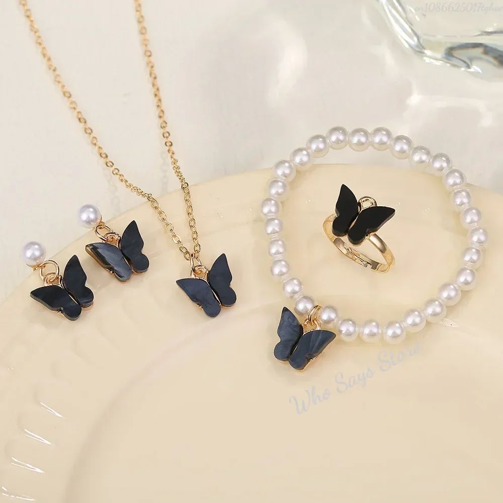 Conjuntos de Joias de Borboleta com Cristal Acrílico Romântico Pulseira Anel Colar Brinco Conjunto para Mulheres Acessórios de Vestido de Jantar de Casamento