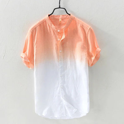 Camisa de manga curta 100% linho fresca, respirável, confortável, material saudável, azul degradê, estilo havaiano, masculina, tipo cardigan, para praia