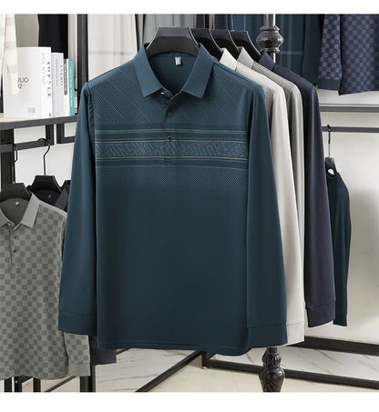 TFETTERS Elegant T Shirt for Man 2025 Spring Autumn Tops Long Sleeve Turn Down Collar Graphic Smart Casual T-shirt for Men